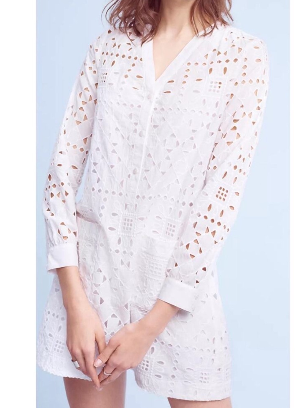 Anthropologie Maeve White Geo Eyelet Mini Dress Medium